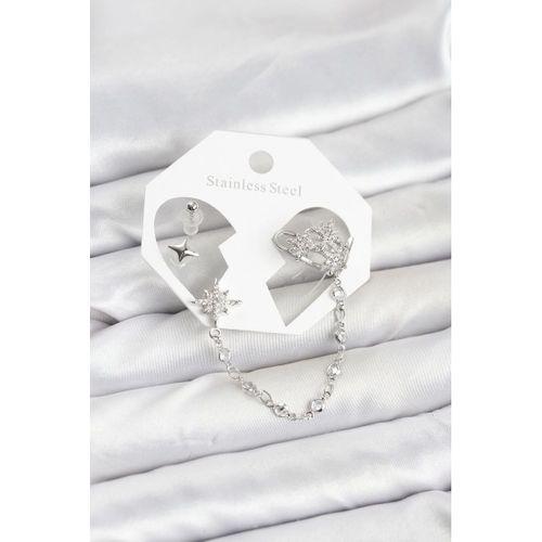 Kutup Yıldızı Model Pirinç Gümüş Renk Zincir Bağlantılı Ear Cuff Küpe Seti