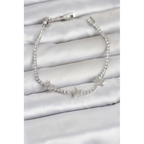 Pirinç Gümüş Renk Minimal Yıldız Model Zirkon Taşlı Su Yolu Kadın Bileklik