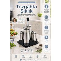 Inox  4lü Standlı Yağlık Sirkelik Tuzluk Biberlik Seti Endüstriyel Cam Salata Sosluk Takımı Paslanmaz Çelik  723489