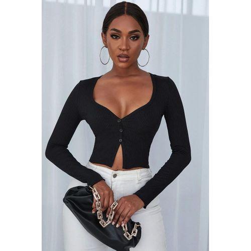 Kadın Siyah Uzun Kollu Düğme Detaylı Göğüs Ve Göbek Dekolteli Crop Top Bluz Premium Stil