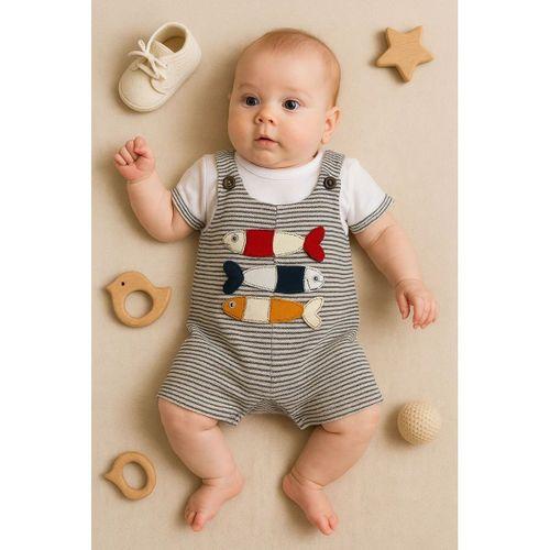 Balık Nakışlı Kısa Kollu Erkek Bebek Tulumu