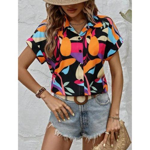 Kadın Moss Krep Kumaş Kısa Kol Çiçek Desenli Gömlek