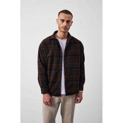 Brandon Relaxed Fit Pamuklu Geniş Çizgili Oduncu Erkek Gömlek - Kahve