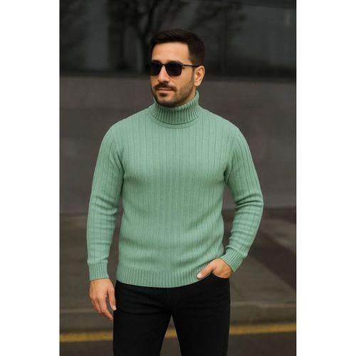 Erkek Balıkcı Yaka Bağazlı Triko Kazak Pamuklu Kalın Fitilli Dokuma, Regular Fit Uzun Kollu Kışlık Model - Mint Yeşili