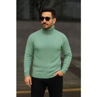 Erkek Balıkcı Yaka Bağazlı Triko Kazak Pamuklu Kalın Fitilli Dokuma, Regular Fit Uzun Kollu Kışlık Model - Mint Yeşili