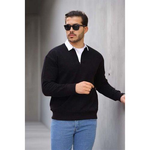 Polo Yaka Selanik Örme Kumaş Erkek Sweatshirt - Siyah