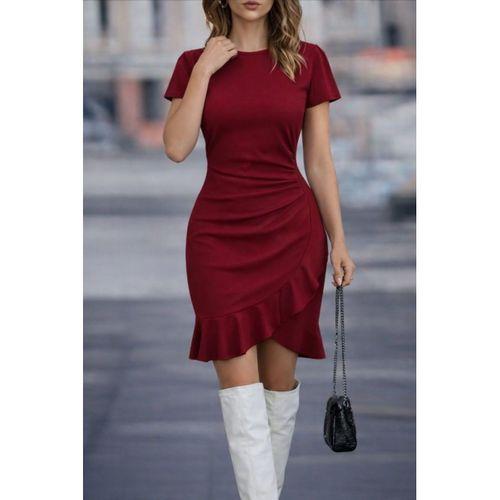 Kadın Kısa Kollu Bisiklet Yaka önden Volanlı Ithal Krep Elbise