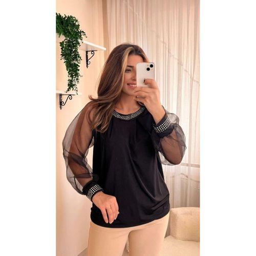 Kadın Uzun Kollu Bisiklet Yaka Taşlı Kol Tül Detaylı Sandy Bluz