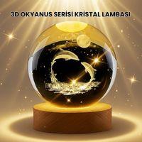 Lazer İşlemeli Yunus Kristal Küre Sıcak Işıklı Ahşap Standlı