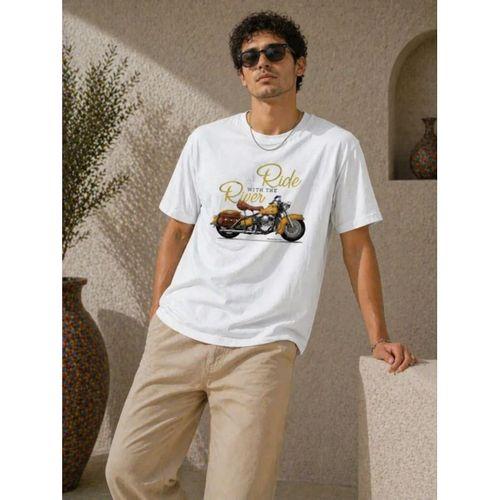 Erkek Motosiklet Baskılı Tişört Bisiklet Yaka Kısa Kol Yazlık T-Shirt - Beyaz