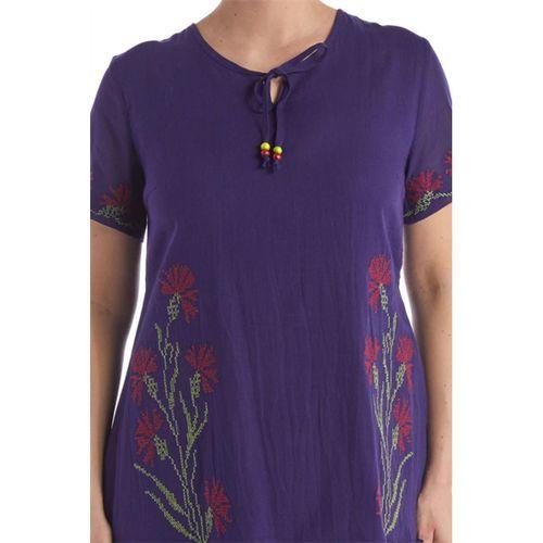 Kısa Kol Mor Bağcıklı V Yaka Nakışlı Yazlık Vual Kısa Elbise