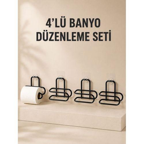 4 Adet Yapışkanlı Tuvalet Kağıdı Askısı Siyah Metal Delmeden Duvara Monte Wc Kağıtlık