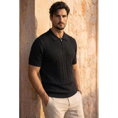 Burke Saç Örgü Yarım Fermuarlı Kısa Kollu İnce Triko Erkek T-Shirt - Siyah