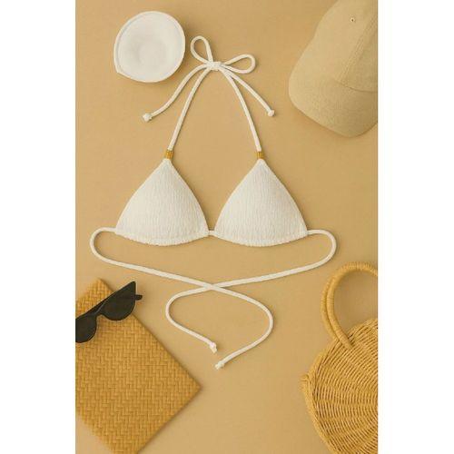 Beyaz Pedli Üçgen Bikini Üstü Halter Bağlamalı Aksesuarlı Esnek Kumaş Kadın Mayo Üstü