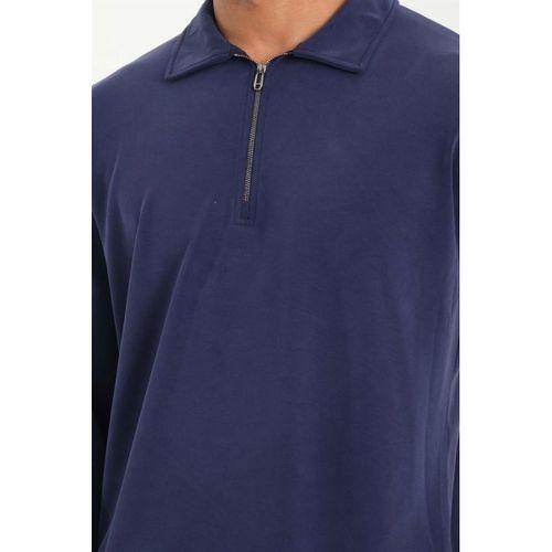 Scuba Modal Kumaş Relaxed Fit Yarım Fermuarlı Polo Yaka Erkek Sweatshirt - Lacivert