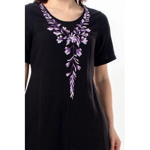 Kısa Kol Lidya Bisiklet Yaka Nakışlı Yazlık Kısa Müslin Elbise Siyah Syh