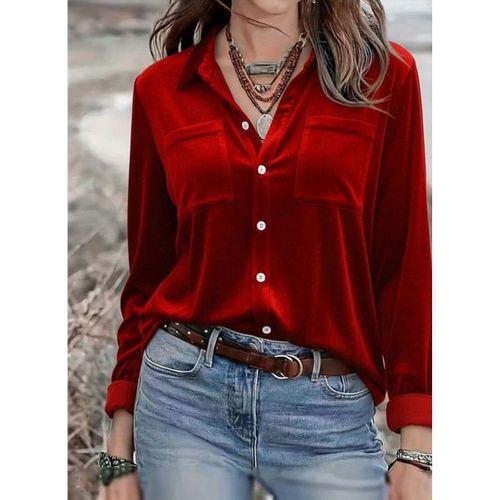 Kadın Uzun Kollu Yakalı önden Düğmeli Cep Detaylı Kadife Gömlek