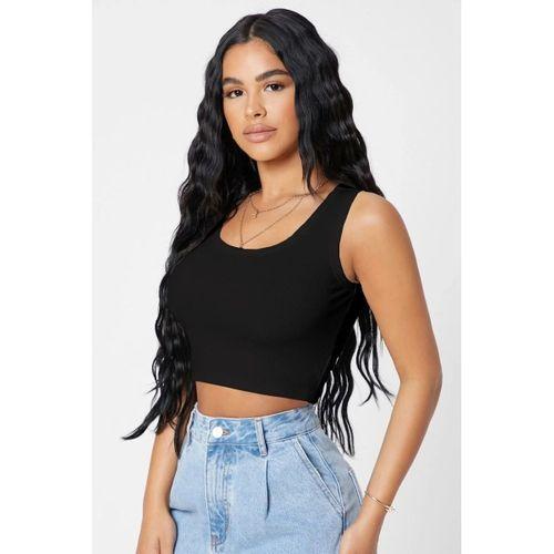 Kadın Siyah Modern Fit Kare Yaka Crop Top Bluz