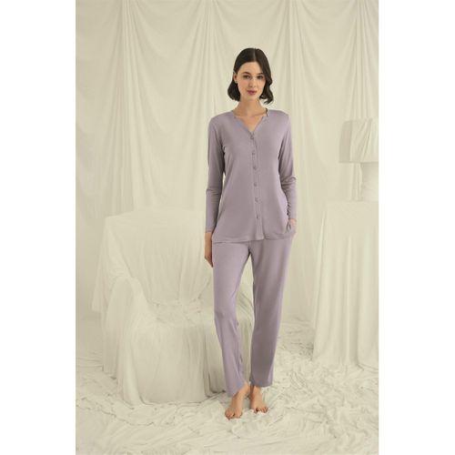 Uzun Kollu Düğmeli V Yaka Pijama Takımı