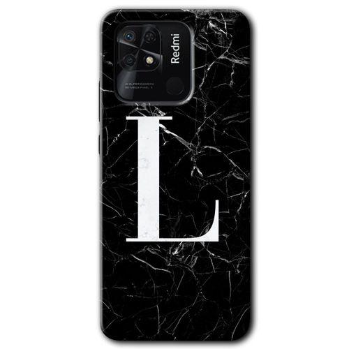 MRCİLETİSİM Xiaomi Redmi 10C Kılıf HD Desen Baskılı Arka Kapak + Temperli Cam - Siyah Mermer Desenli L Harfi