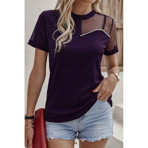 Kadın Kısa Kollu Tül Detaylı Taşlı Janjan Krep Bluz