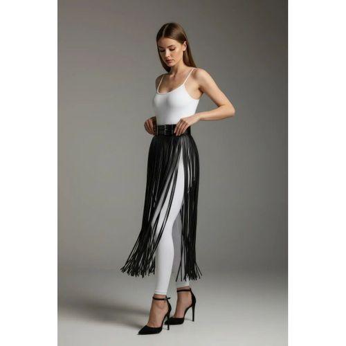 Siyah Etek Deri Uzun İnce Şerit Detaylı Etek - Brf1090