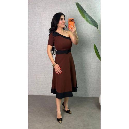 Kadın Tek Omuz Fiyonk Detaylı Midi Boy Elbise