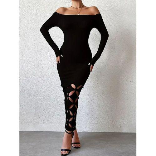 Kadın Madonna Yaka Uzun Kollu Lazer çiçek Kesim Detaylı Uzun Ithal Krep Elbise