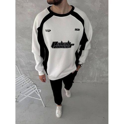 Kışlık Nakış İşlemeli Bisiklet Yaka Parçalı SweatShirt - Beyaz