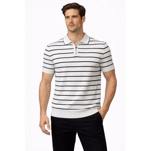 Erkek Triko Polo Yaka Fermuarlı Çizgili Tişört T-Shirt Yazlık Şık - Beyaz