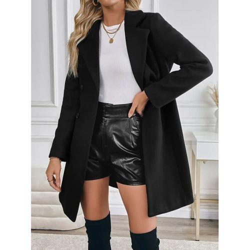 Kadın Uzun Kollu Yakalı önden Düğmeli Belden Kuşaklı Kısa Kaşe Kaban