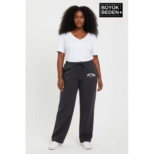 Kadın Büyük Beden New York Baskılı Rahat Kesim Paça Reçme ince Eşofman Altı SPR26EAk952-5