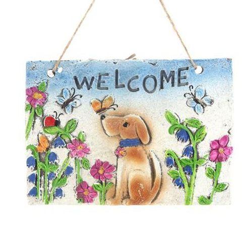 Asılabilir Balkon Ve Bahçe Süsü Hoşgeldin Köpekli 21X16X1,2Cm Duvar Süsü,Taşı Balkon,Bahçe Ve Oda Dekor  Hoşgeldiniz Tablo,Tabela