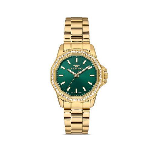 Ferro FL21540AWT-B6 Quartz Altın Rengi Yeşil Kadran 32 mm Kadın Kol Saati
