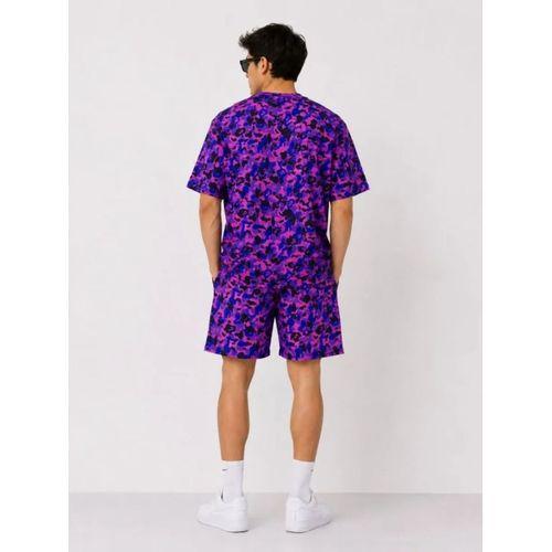 Erkek Oversize Kalıp Pubg Bape X Shark Nakışlı Cepli Şort Takım - Mor