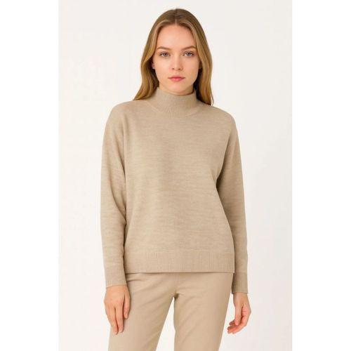 Yarım Boğaz Triko Kazak Yumuşak Dokulu Pamuklu Ince Dokuma, Uzun Kollu Rahat Regular Kalıp - Bej