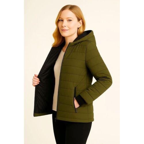 Şişme Kapüşonlu Fermuarlı Mont Su Itici Kapitone Astarlı Kumaş Cepli Kışlık Rahat Kalıp - Haki