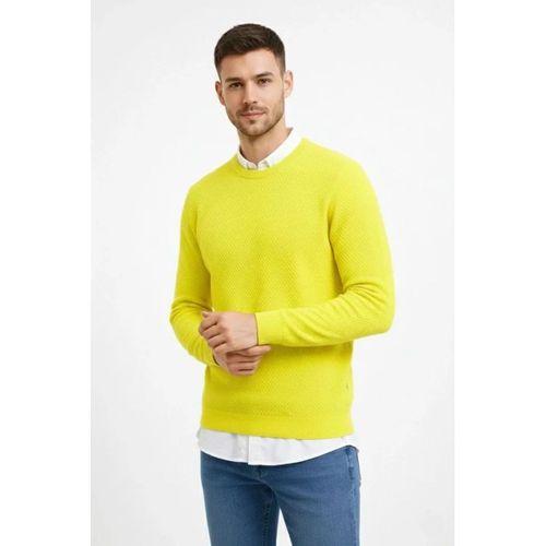 Erkek Bisiklet Yaka Petekli Dokulu Triko Kazak Pamuklu Ince Dokuma, Uzun Kollu Rahat Regular Kalıp - Sarı