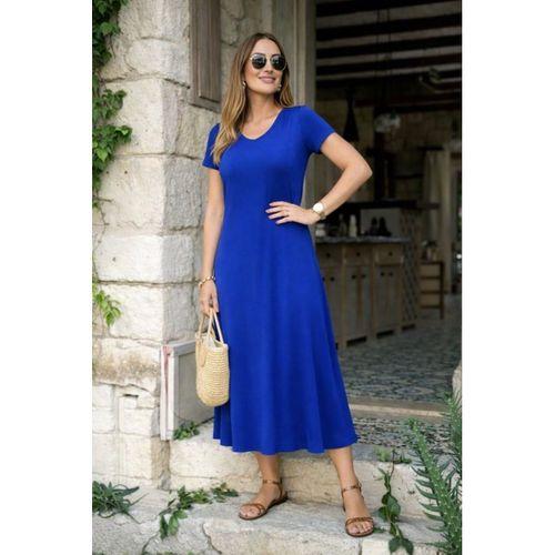 Kadın Kısa Kollu V Yakalı Yırtmaçlı Midi Viskon Elbise