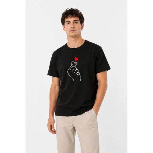 Erkek Kore Parmak Kalp Aşk Temalı Minimal Baskılı Tişört Yazlık Kısa Kol T-Shirt - Siyah