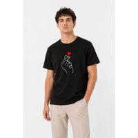 Erkek Kore Parmak Kalp Aşk Temalı Minimal Baskılı Tişört Yazlık Kısa Kol T-Shirt - Siyah