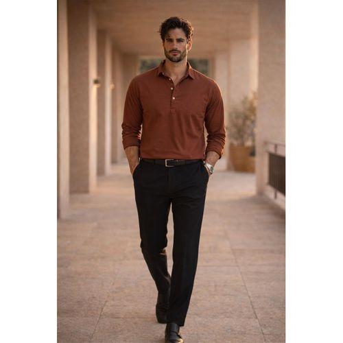 Yarım Pat Yakalı York Pamuk Kumaşlı Uzun Kollu Erkek Gömlek - Koyu Kahve