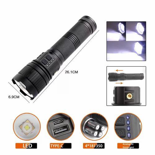 Bedotech Bd-3 30w Tg Led Alüminyum Alaşımlı Zoomlu Type-c Analog Pil Göstergeli Şarjlı El Feneri