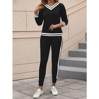 Kadın Uzun Kollu V Yakalı Ribanalı Viskon Iki Iplik Bluz Ve Pantolon Ikili Takım