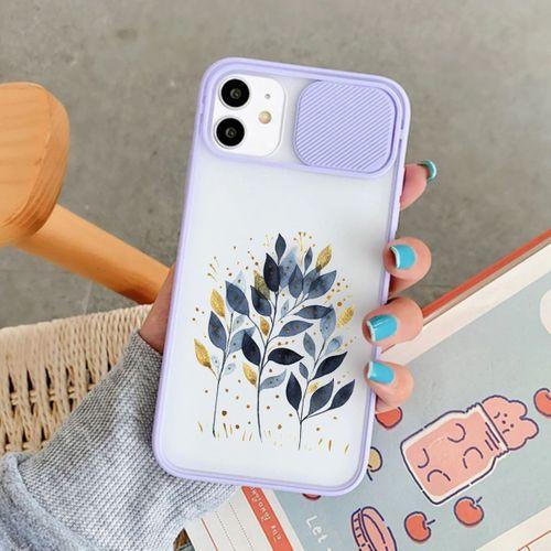 Mavi Yaprak Tasarımlı iPhone 11 Lila Kamera Korumalı Telefon Kılıfı