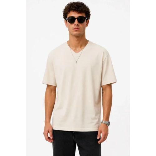 Erkek V Yaka Basic Tişört Kısa Kol Yazlık Regular Fit T-Shirt - Bej