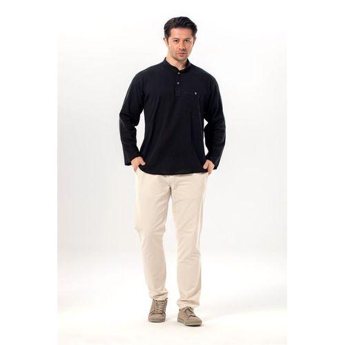 Uzun Kol Şile Bezi Tek Cepli Hakim Yaka Erkek Yazlık Tshirt Siyah 3003