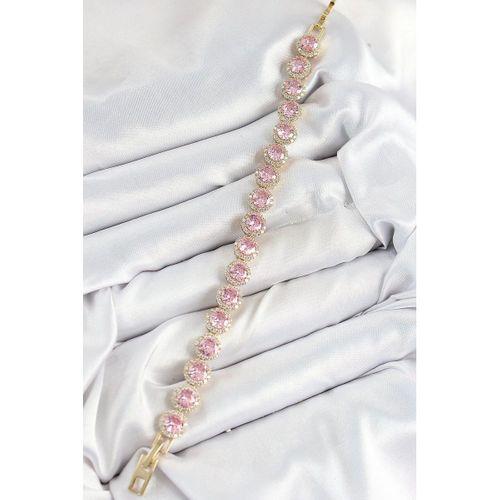 Pirinç Pembe Zirkon Taşlı Daire Baget Model Gold Renk VIP Seri Kadın Bileklik