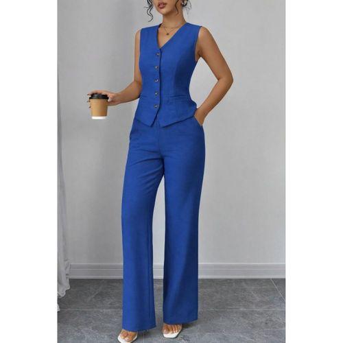 Kadın Askılı önden Düğmeli Bluz Ve Pantolon Keten Ikili Takım