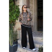 Kadın Uzun Kollu Bisiklet Yaka Leopar Desenli Iki Iplik Bluz Ve Viskon Iki Iplik Pantolon Ikili Takım